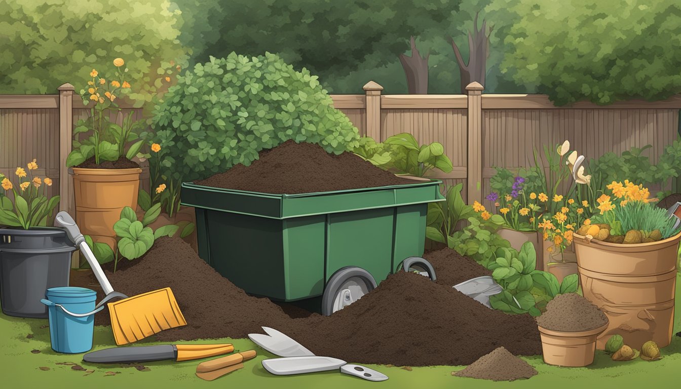 A pile of composted material with wool rags mixed in, surrounded by gardening tools and a compost bin