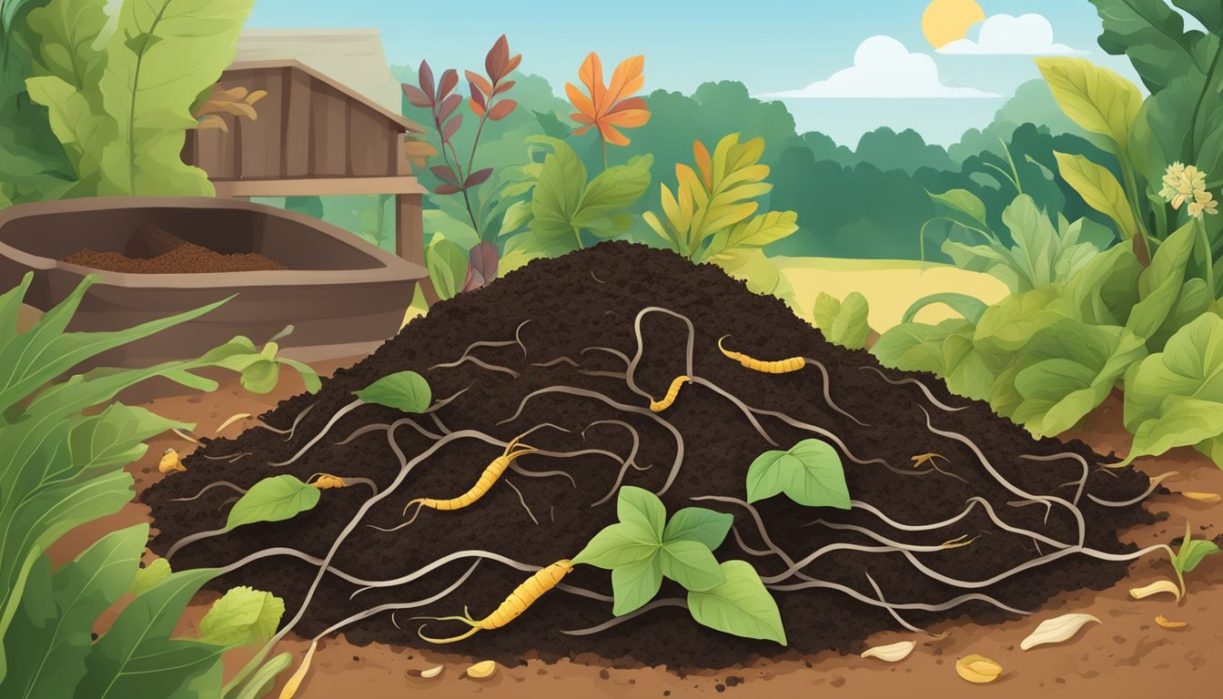 A variety of organic materials, including waxy leaves, are layered in a neat and balanced compost pile, with earthworms visible in the rich, dark soil