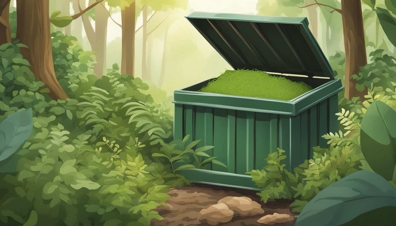 A compost bin filled with wool rags surrounded by greenery and natural elements