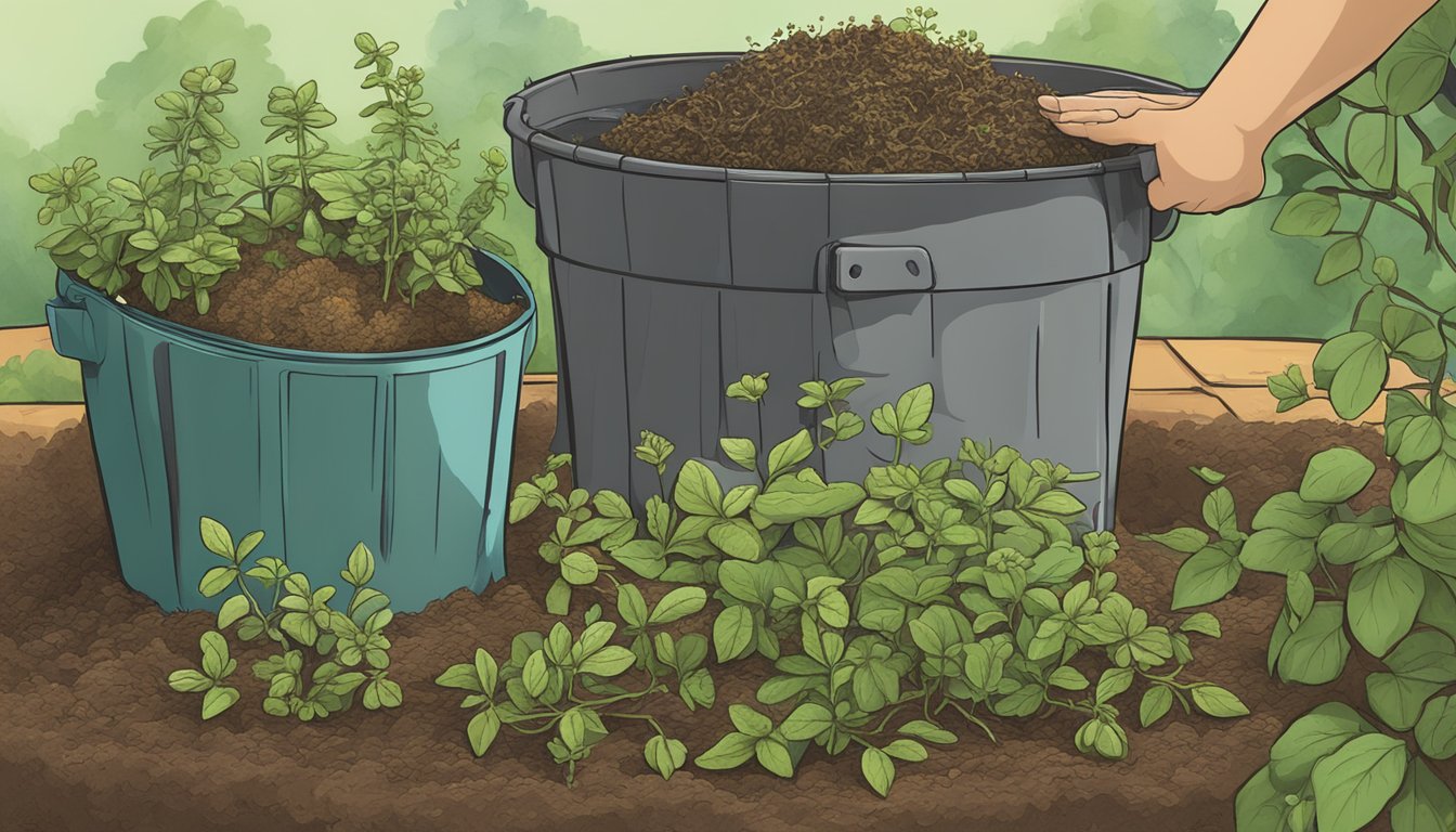 Oregano stems being added to a compost bin alongside other organic waste