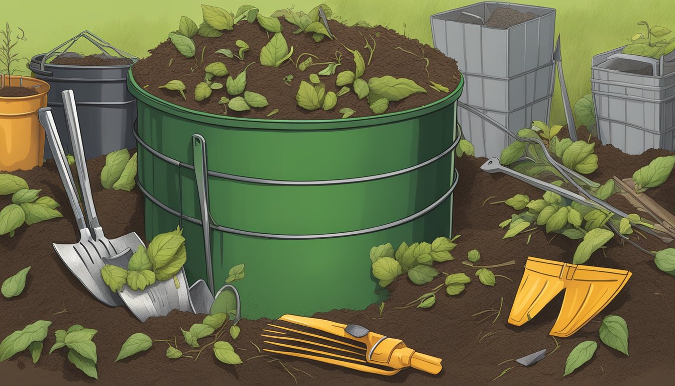 Waxy leaves, along with other organic matter, are being layered in a compost bin, surrounded by a pitchfork, shovel, and other composting equipment