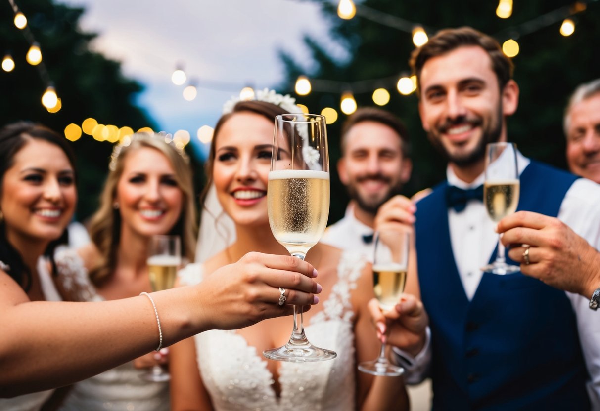 A champagne glass is raised towards the bride, surrounded by smiling faces and twinkling lights