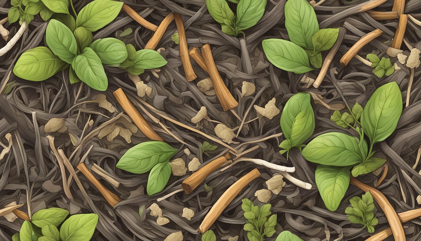 A pile of oregano stems and other herb scraps in a compost bin, surrounded by earthworms and decomposing organic matter