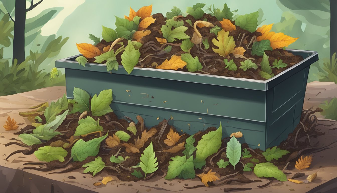 A pile of waxy leaves decomposing in a compost bin, surrounded by earthworms and other decomposers