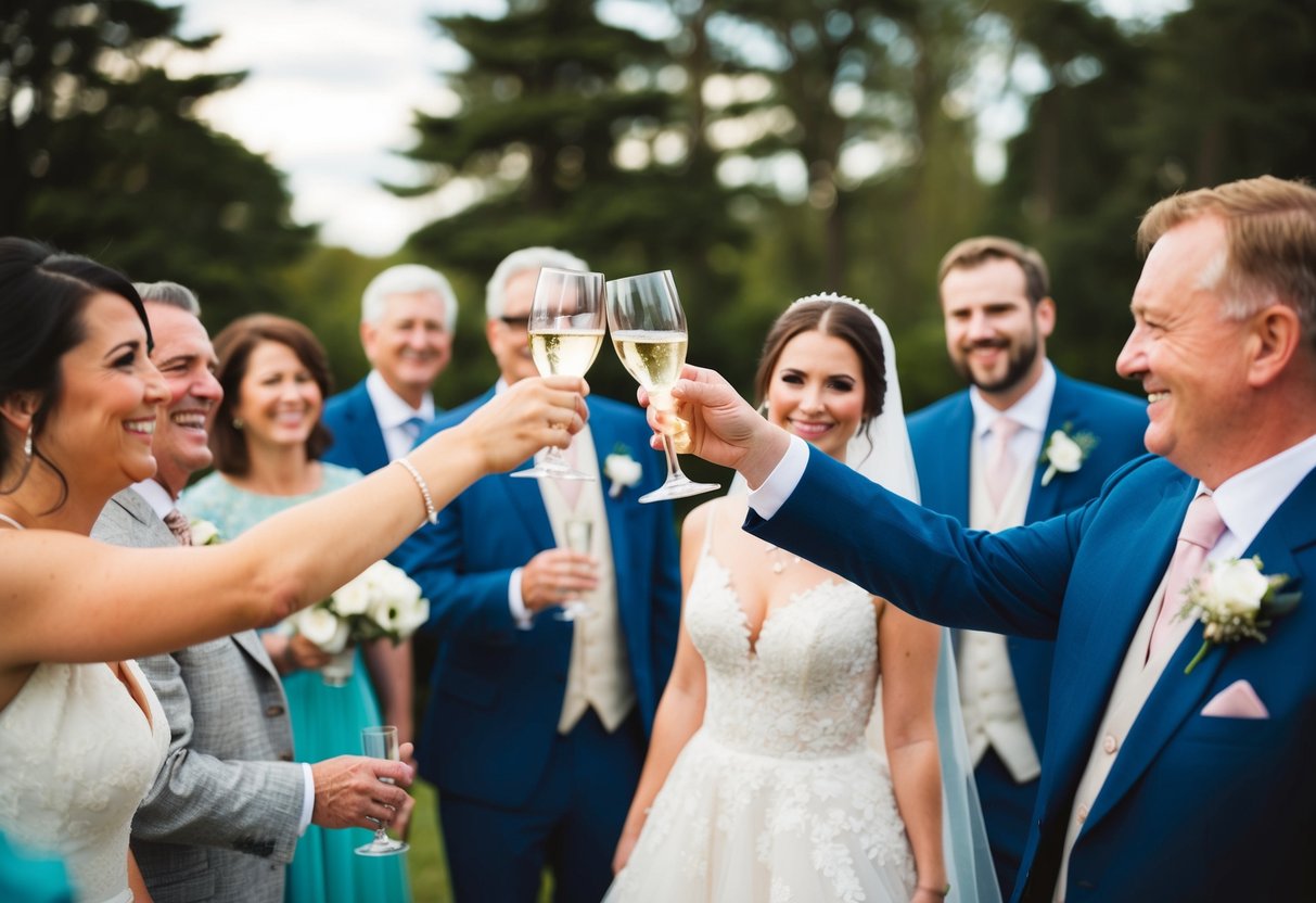 A figure raises a glass towards a bride, surrounded by smiling guests