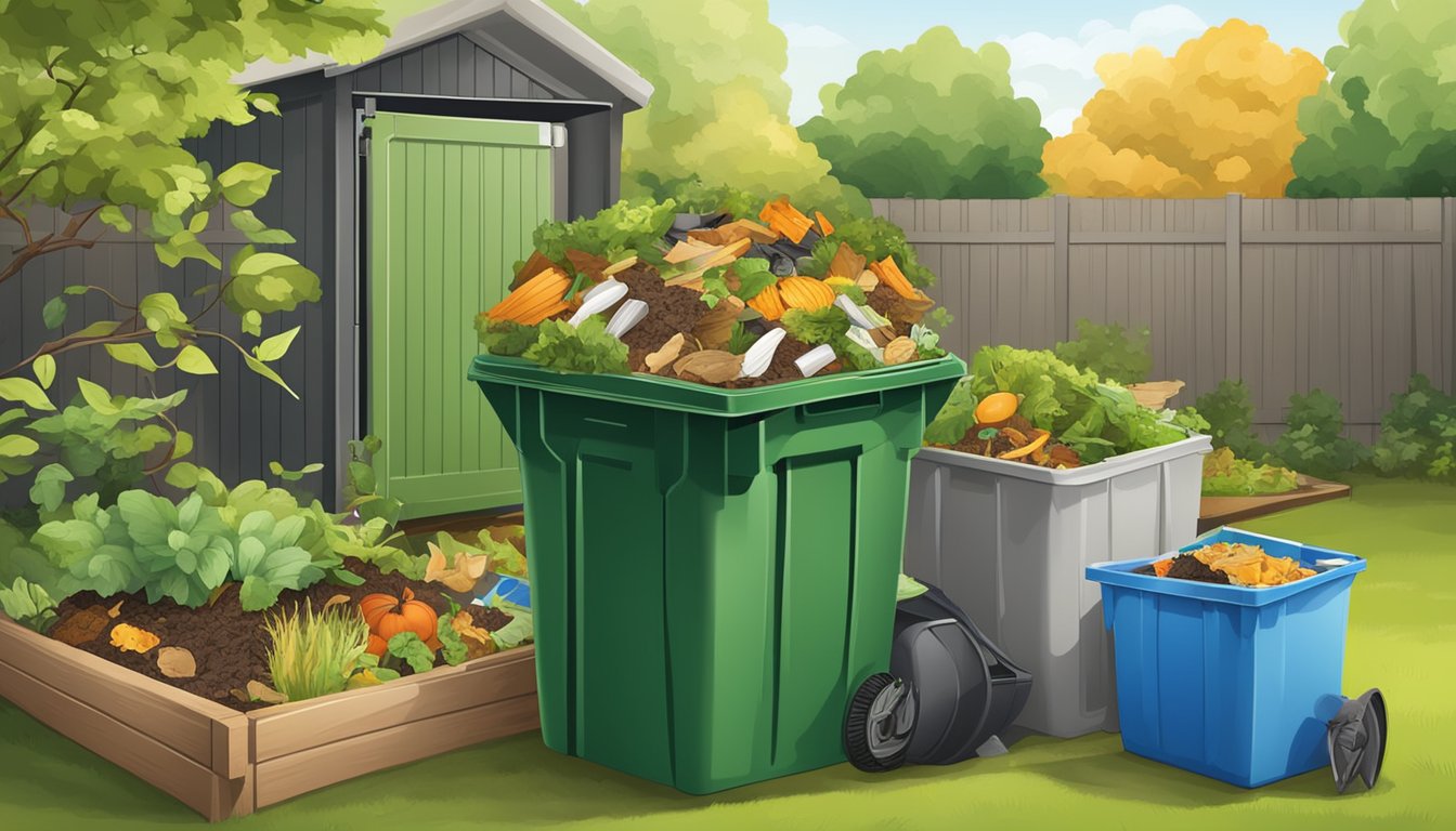 A compost bin with various organic waste, including used paper plates, surrounded by a garden and recycling bins