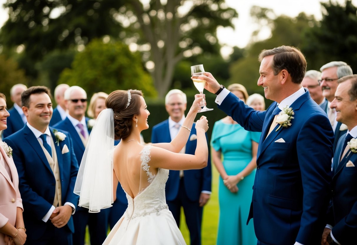 A figure raises a glass to the bride, surrounded by a group of people in formal attire