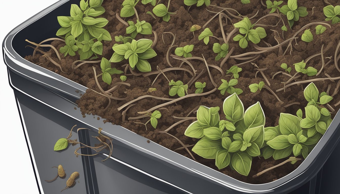 Oregano stems placed in a compost bin surrounded by decomposing organic matter and earthworms