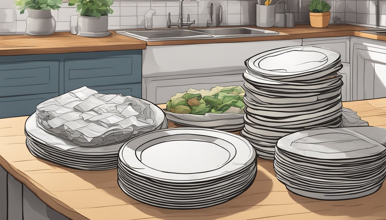 A pile of used paper plates sits on a kitchen counter, alongside a compost bin. The plates are stained with food residue and appear ready for composting