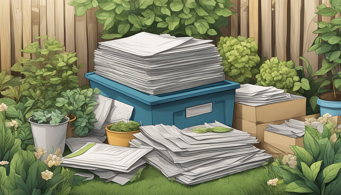 A pile of xerographic paper surrounded by compostable materials in a backyard garden