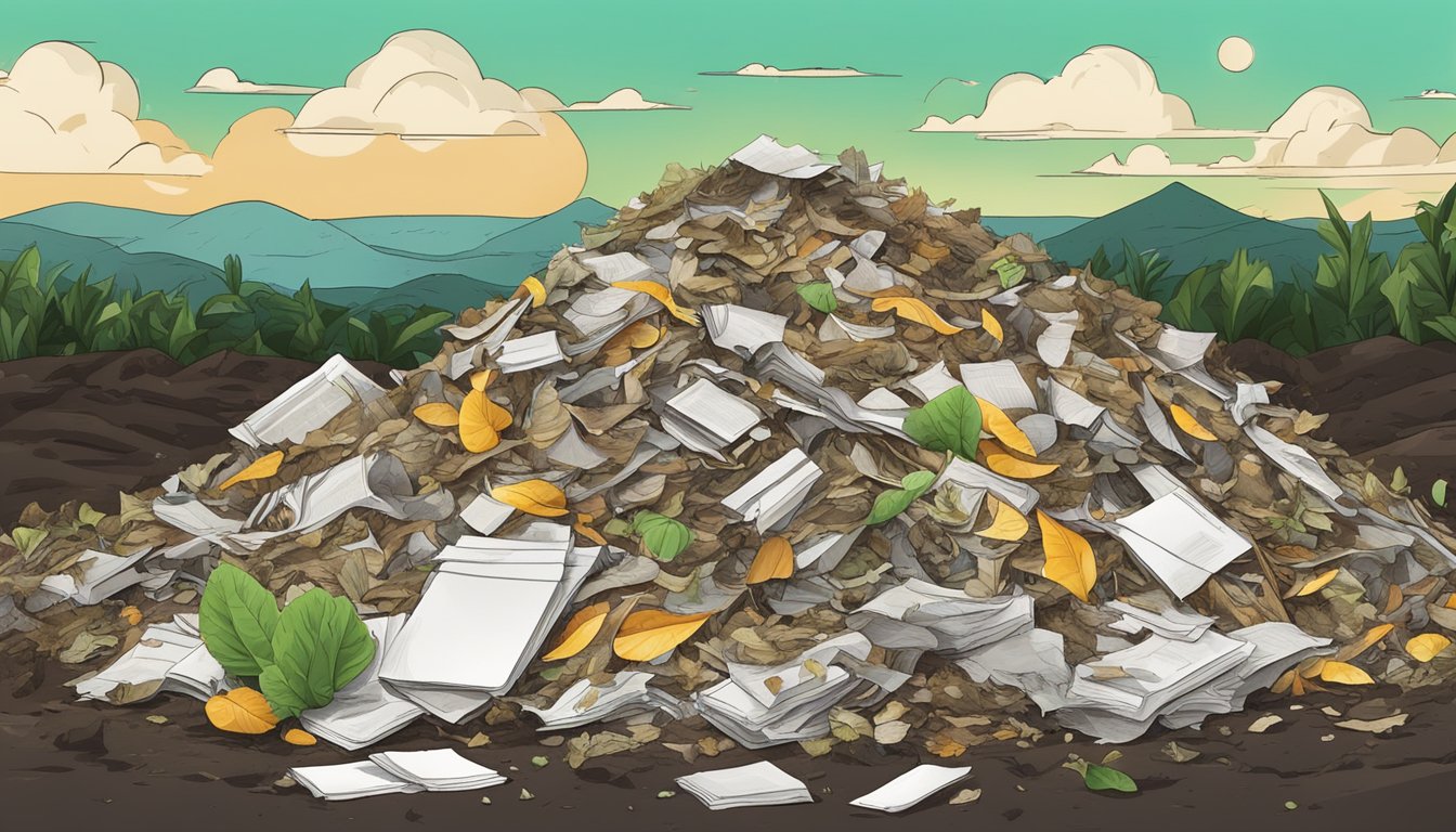 A pile of xerographic paper placed on top of a compost heap, surrounded by organic waste and decomposing materials