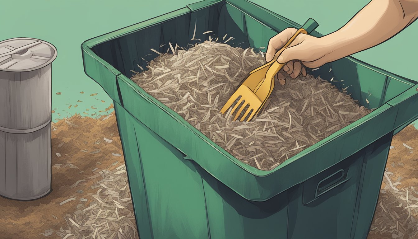 A person stirring a pile of shredded xerographic paper and organic material in a compost bin, with a shovel nearby