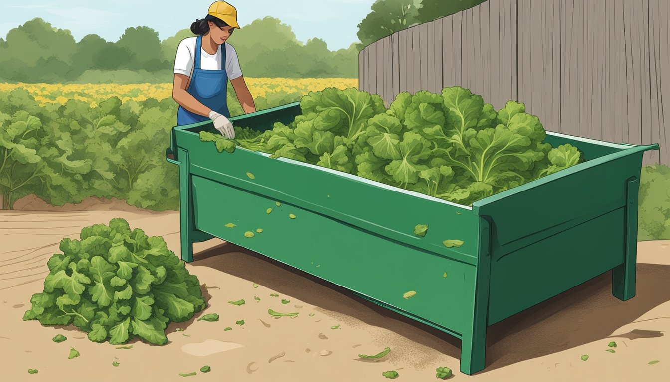 Mustard greens being chopped and placed in a compost bin