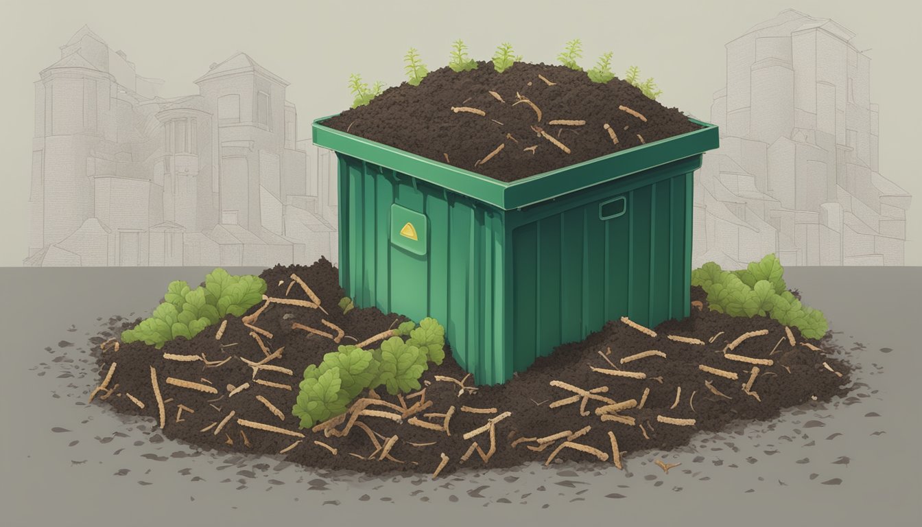 A compost bin filled with xerograph paper, surrounded by decomposing organic matter and thriving earthworms