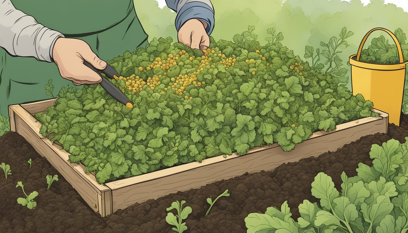 Mustard greens being mixed into a compost pile in a garden