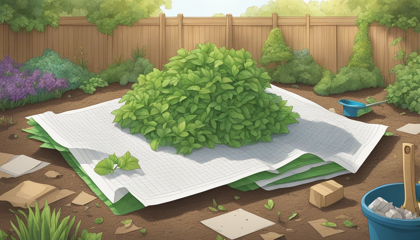 A pile of xerograph paper surrounded by compostable materials in a backyard garden