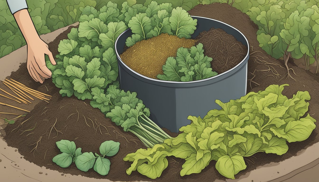 Mustard greens being added to a compost pile, surrounded by other organic material