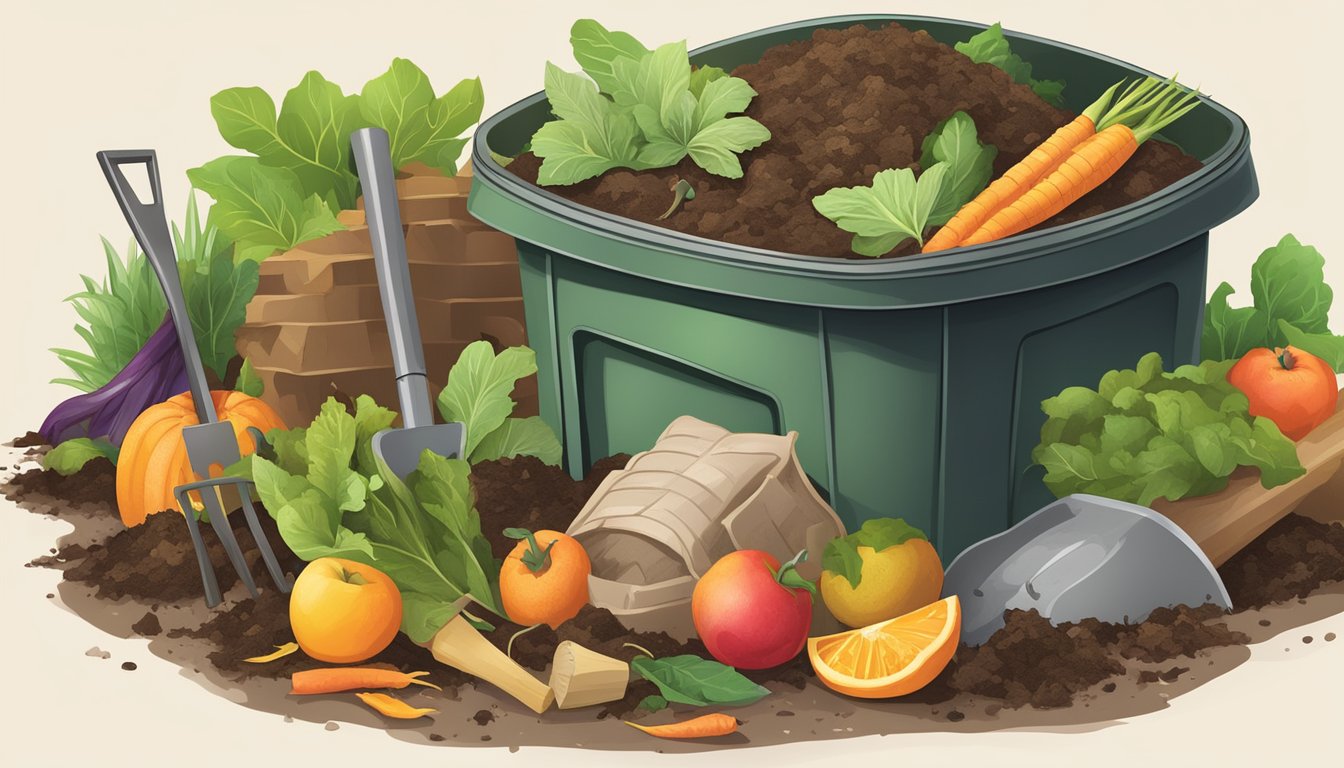 A pile of organic waste including nail clippings, fruit peels, and vegetable scraps surrounded by a compost bin and a shovel