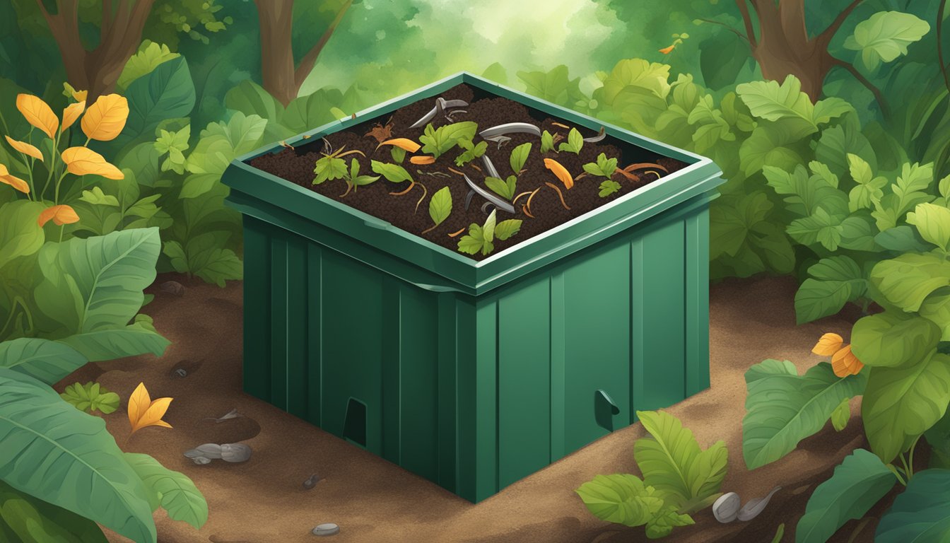 A compost bin filled with organic waste, including nail clippings, surrounded by greenery and earthworms