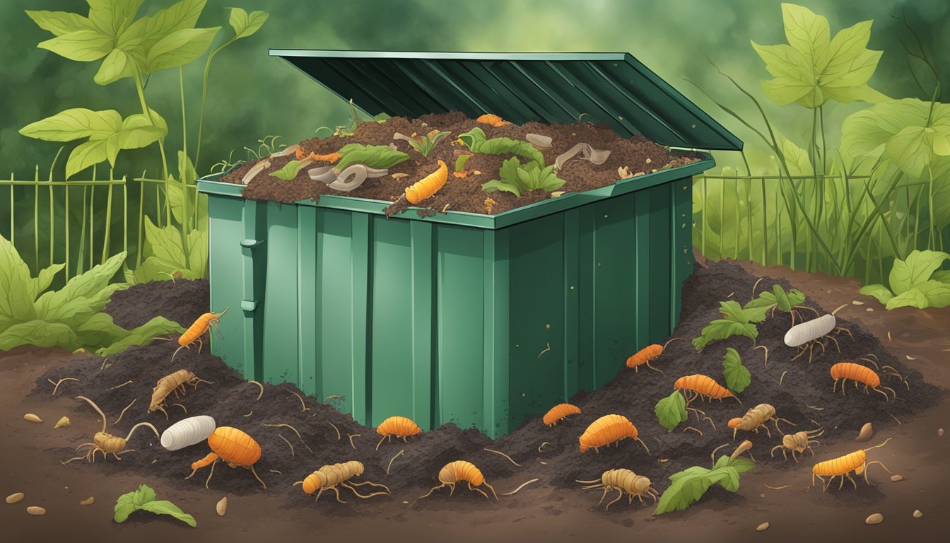 A compost bin filled with organic waste, including nail clippings, surrounded by earthworms and microorganisms breaking down the material