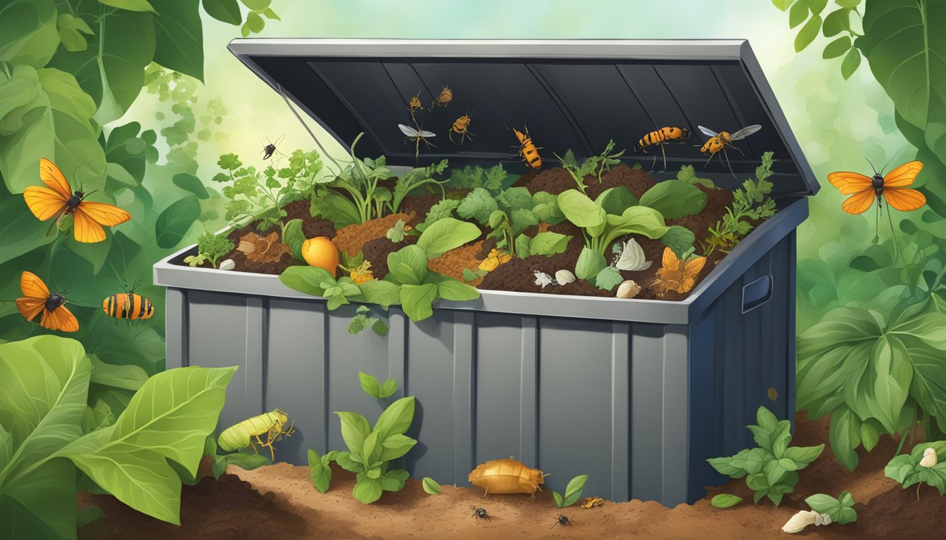 A compost bin filled with organic waste, including nail clippings, surrounded by healthy plants and a thriving ecosystem of insects and microorganisms