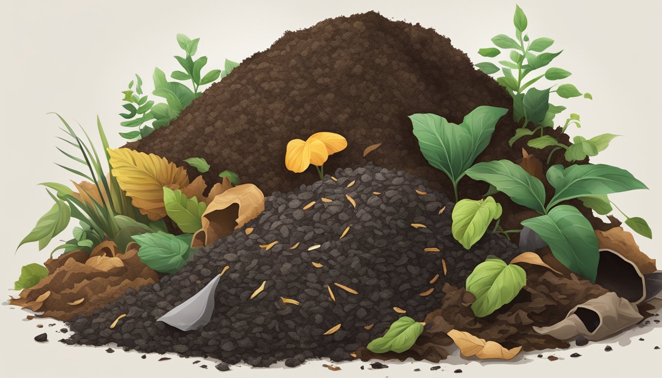 A pile of compost with nylon fabric breaking down, surrounded by organic waste and soil