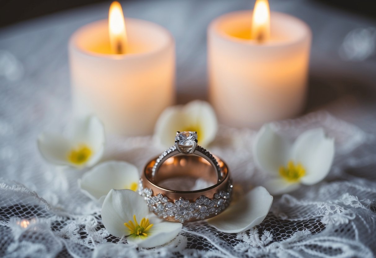 A sparkling engagement ring rests on a delicate lace veil, surrounded by soft petals and glowing candlelight