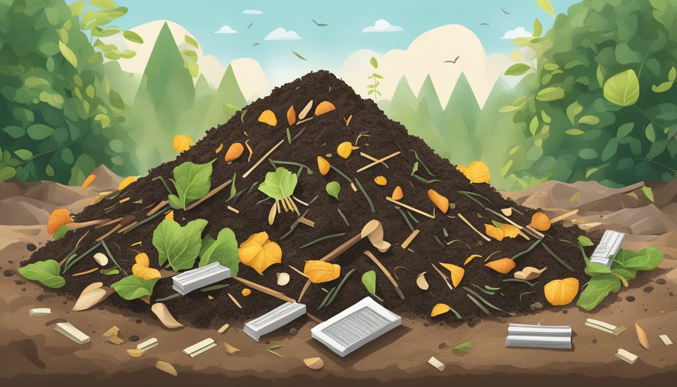 A compost pile with organic materials, including matchbooks, decomposing and breaking down into nutrient-rich soil