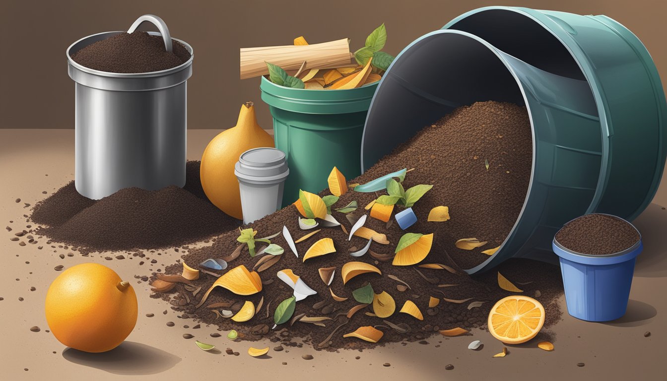 A small pile of nail clippings sits next to a compost bin, surrounded by other non-traditional compost items like coffee grounds and fruit peels