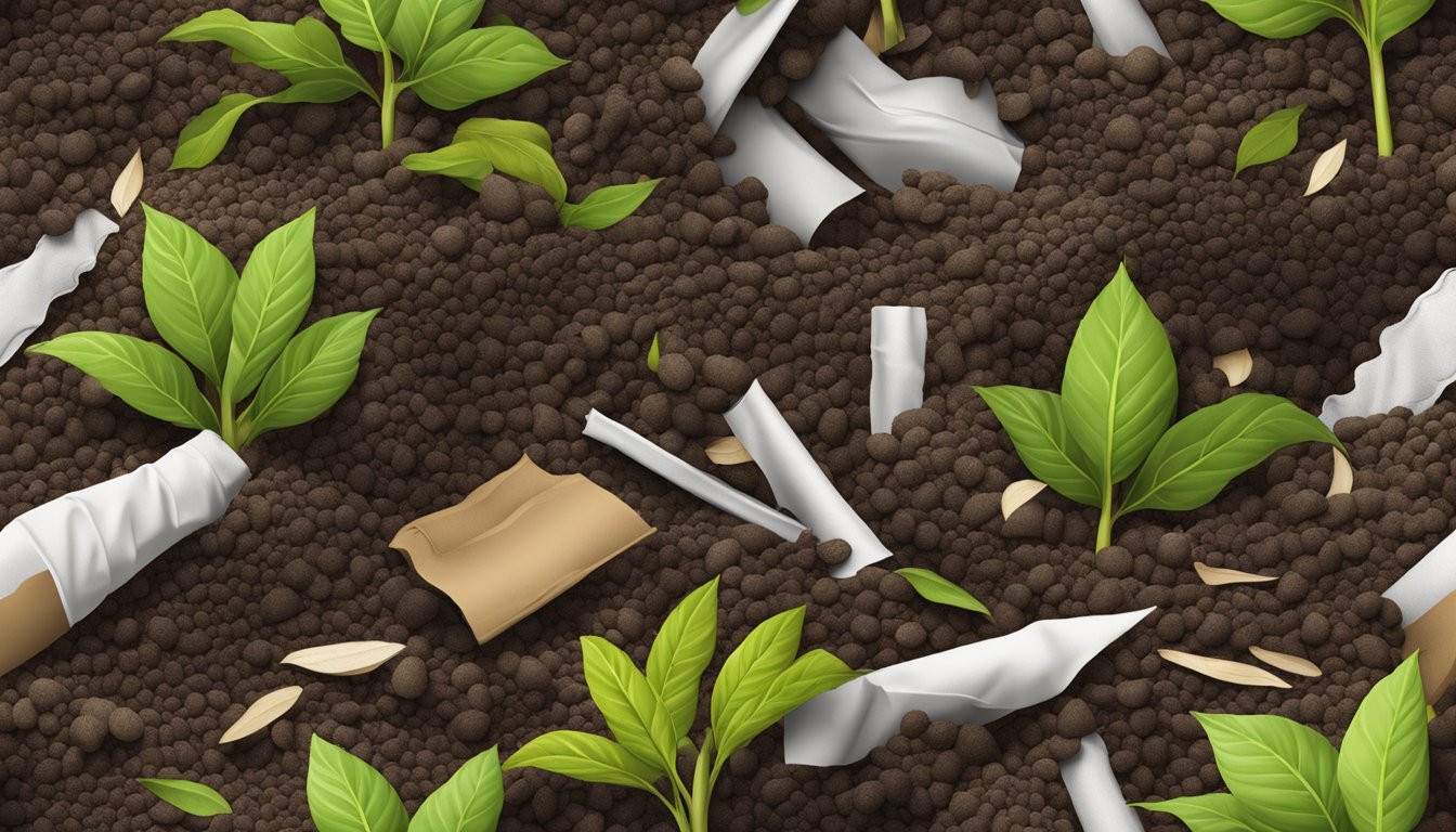 A pile of compostable materials, including nylon fabric, breaking down into soil