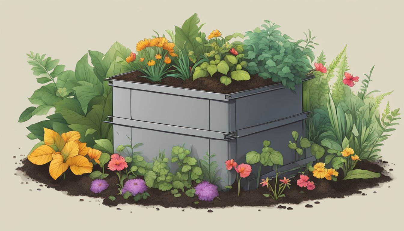 A compost bin surrounded by vibrant, thriving plants, with a small pile of nail clippings next to it