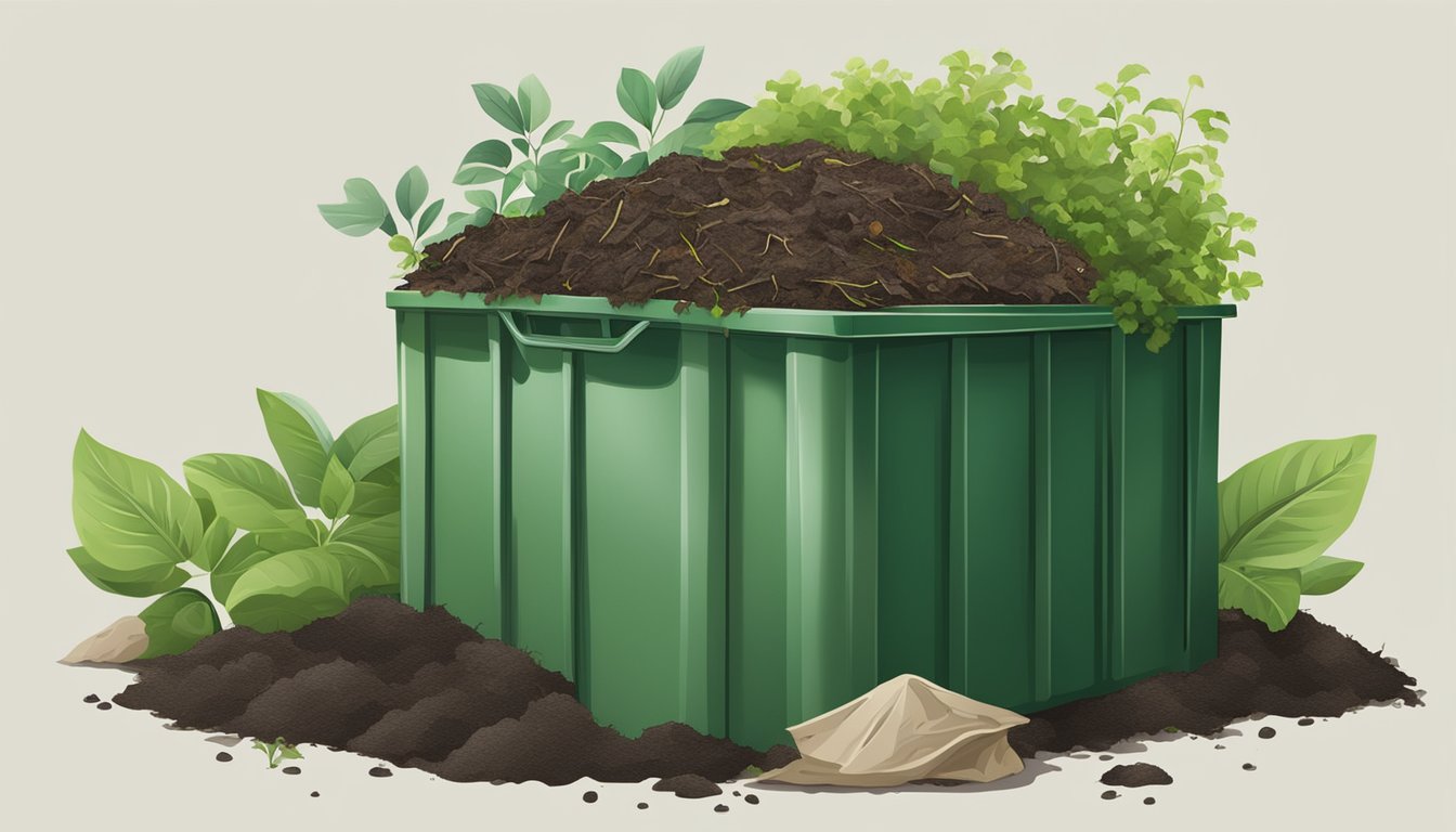 A compost bin filled with organic waste, including a torn nylon fabric. Greenery and soil surround the bin