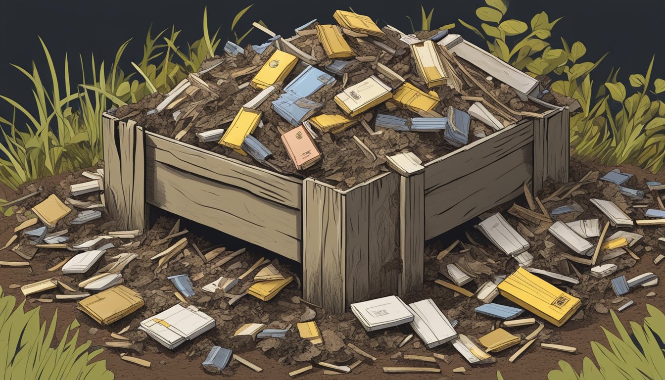 A pile of matchbooks surrounded by decomposing organic matter in a backyard compost bin