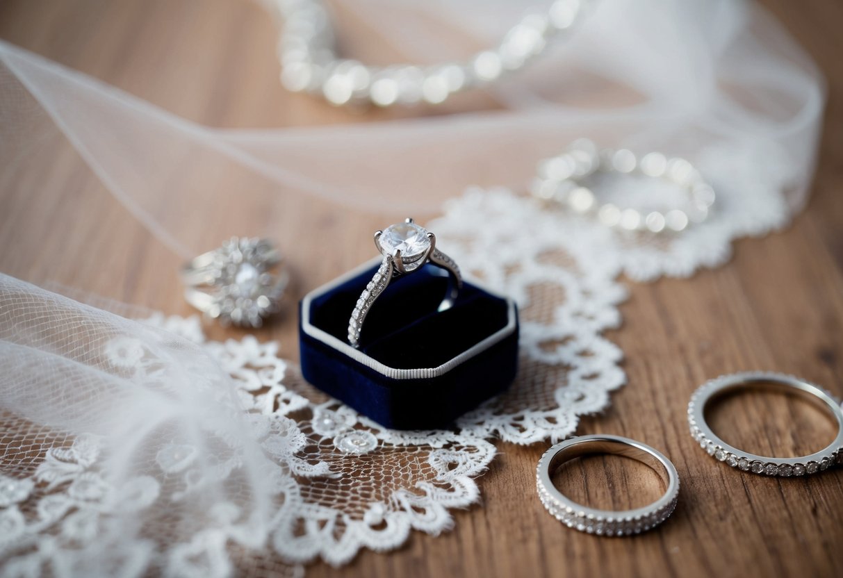 A sparkling engagement ring placed on a delicate lace bridal veil, surrounded by other jewelry options