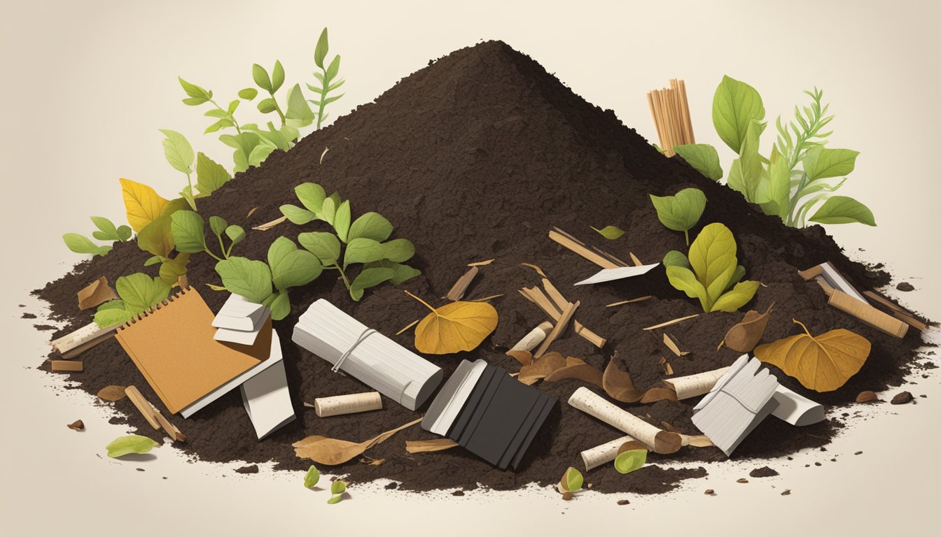 A pile of compost with matchbooks scattered throughout, surrounded by organic waste and earthy materials