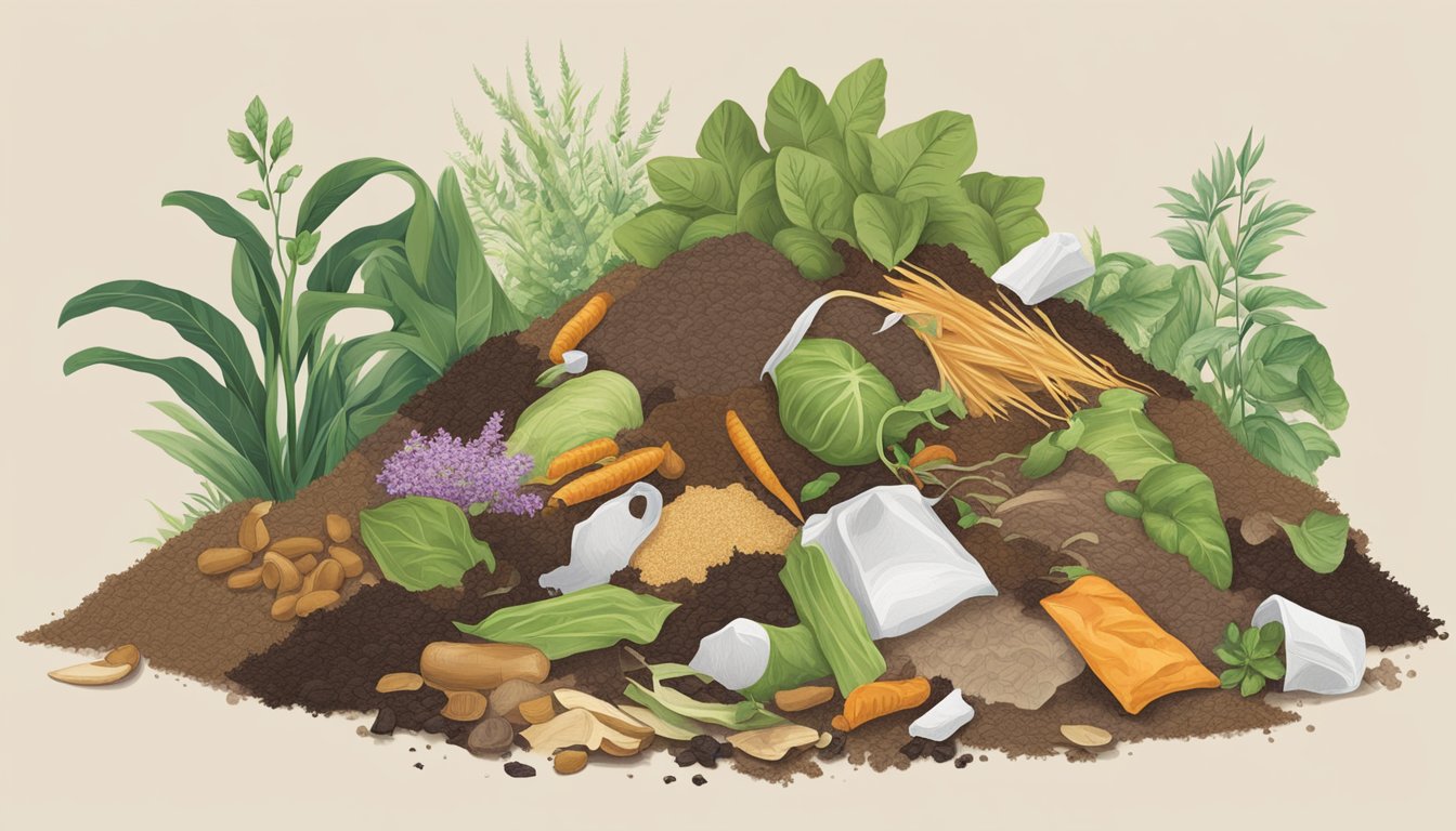 A pile of compostable materials, including food scraps and plant matter, with a piece of nylon fabric placed on top to demonstrate the question of whether it can be composted