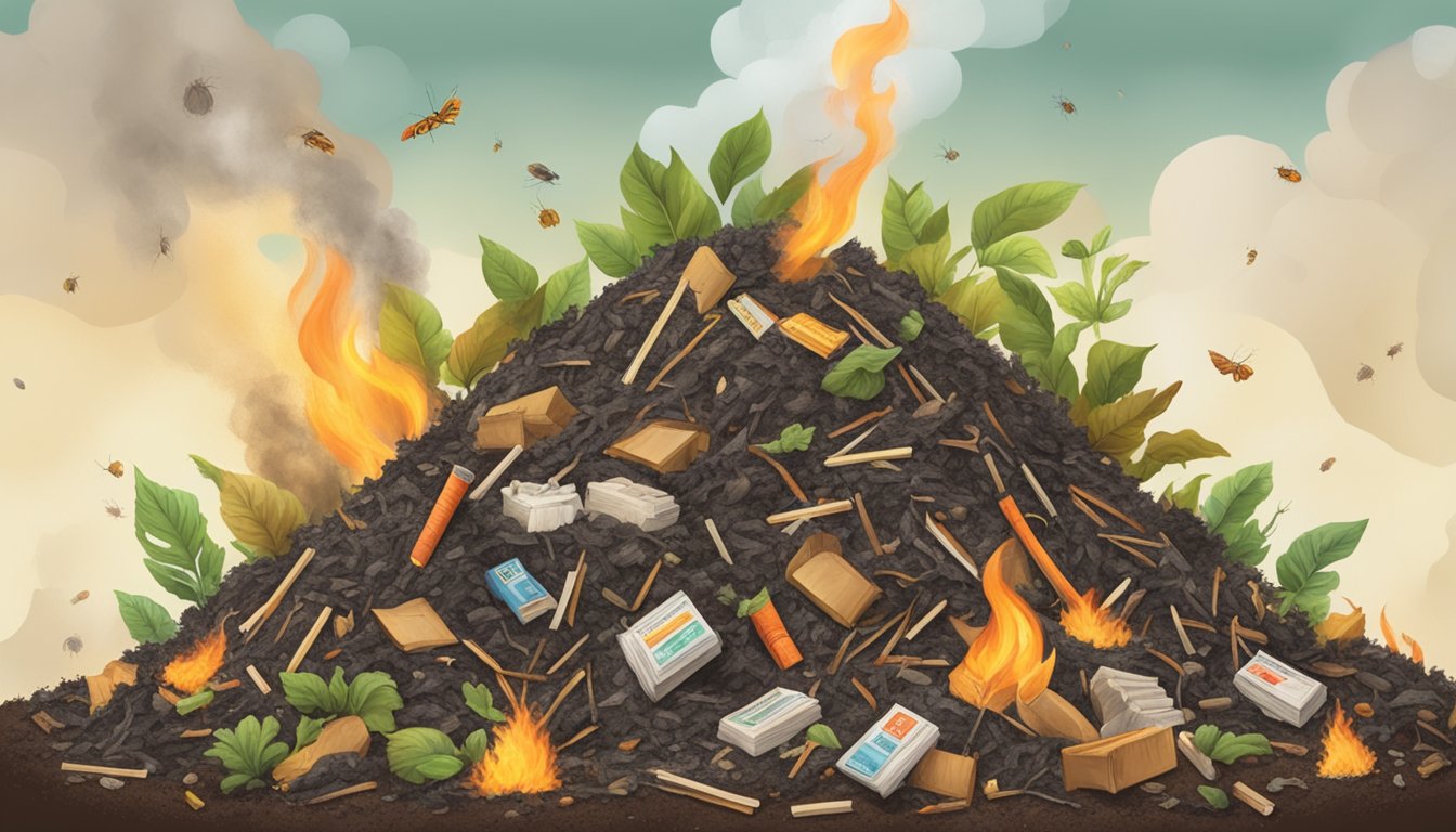 A compost pile with pests and matchbooks inside, emitting smoke and flames