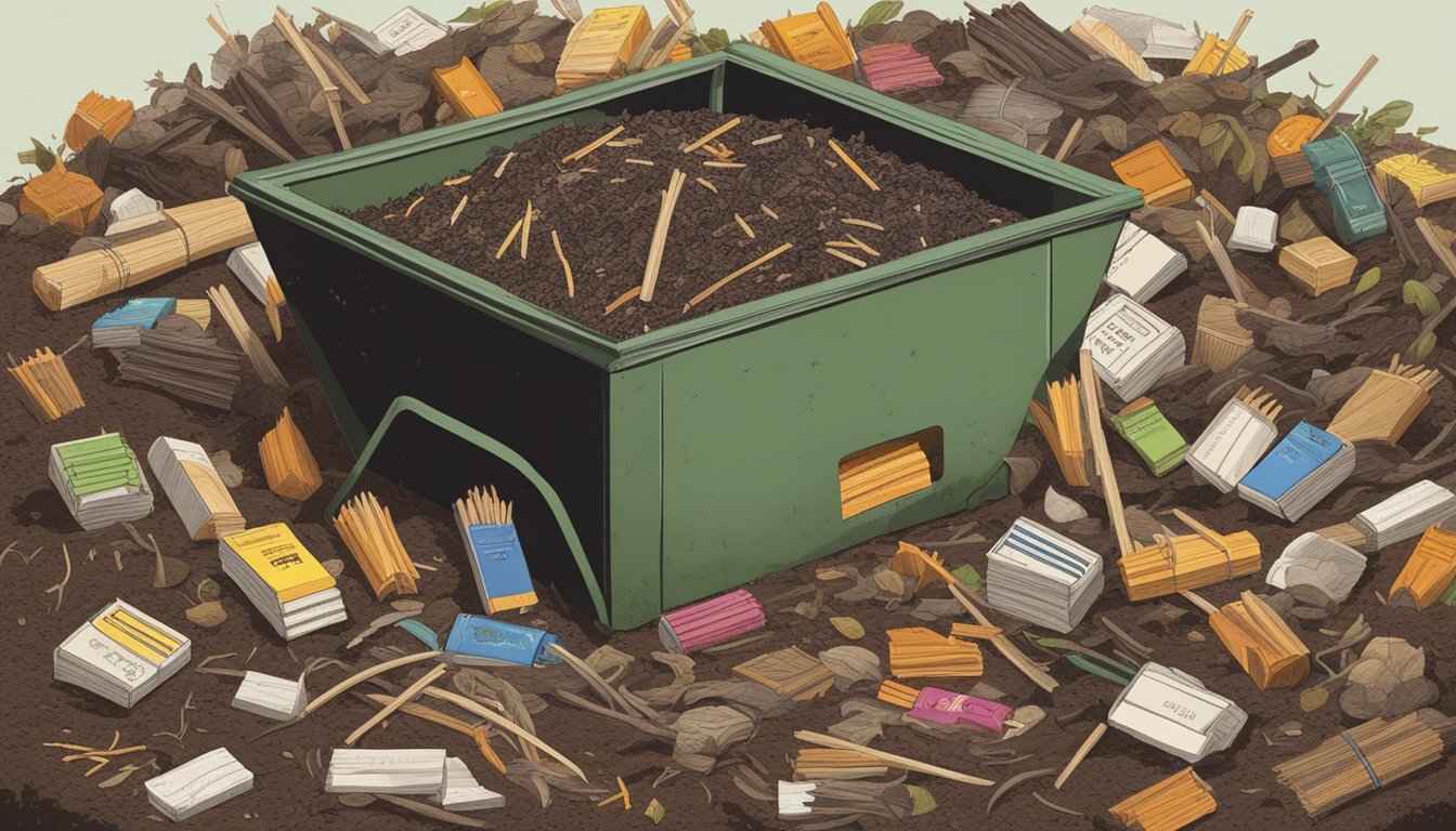 A compost bin filled with various types of matchbooks, surrounded by decomposing organic material and earthworms