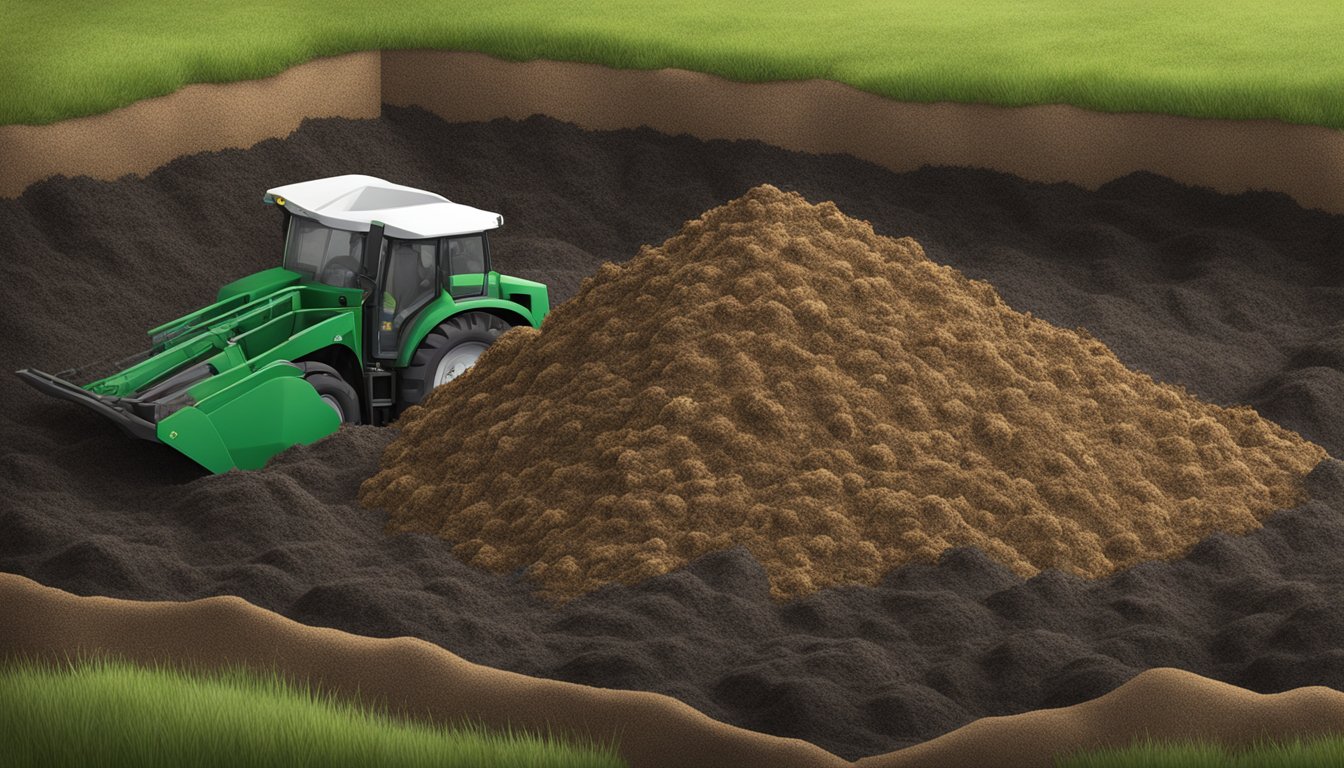 A compost pile with biodegradable waste, including nylon fabric, breaking down into nutrient-rich soil