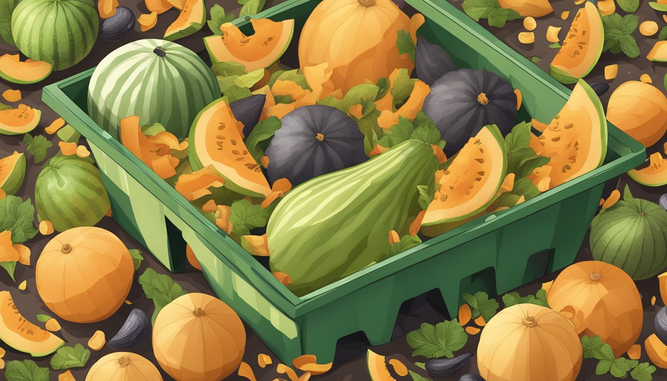 Melon rinds placed in a compost bin surrounded by other biodegradable materials like fruit peels, vegetable scraps, and leaves