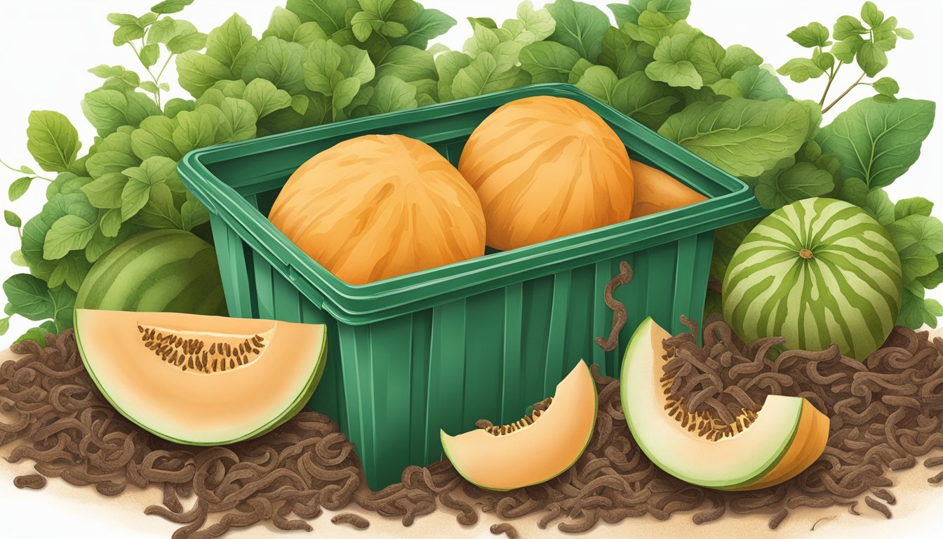 Melon rinds and other compostable materials in a bin, surrounded by greenery and earthworms