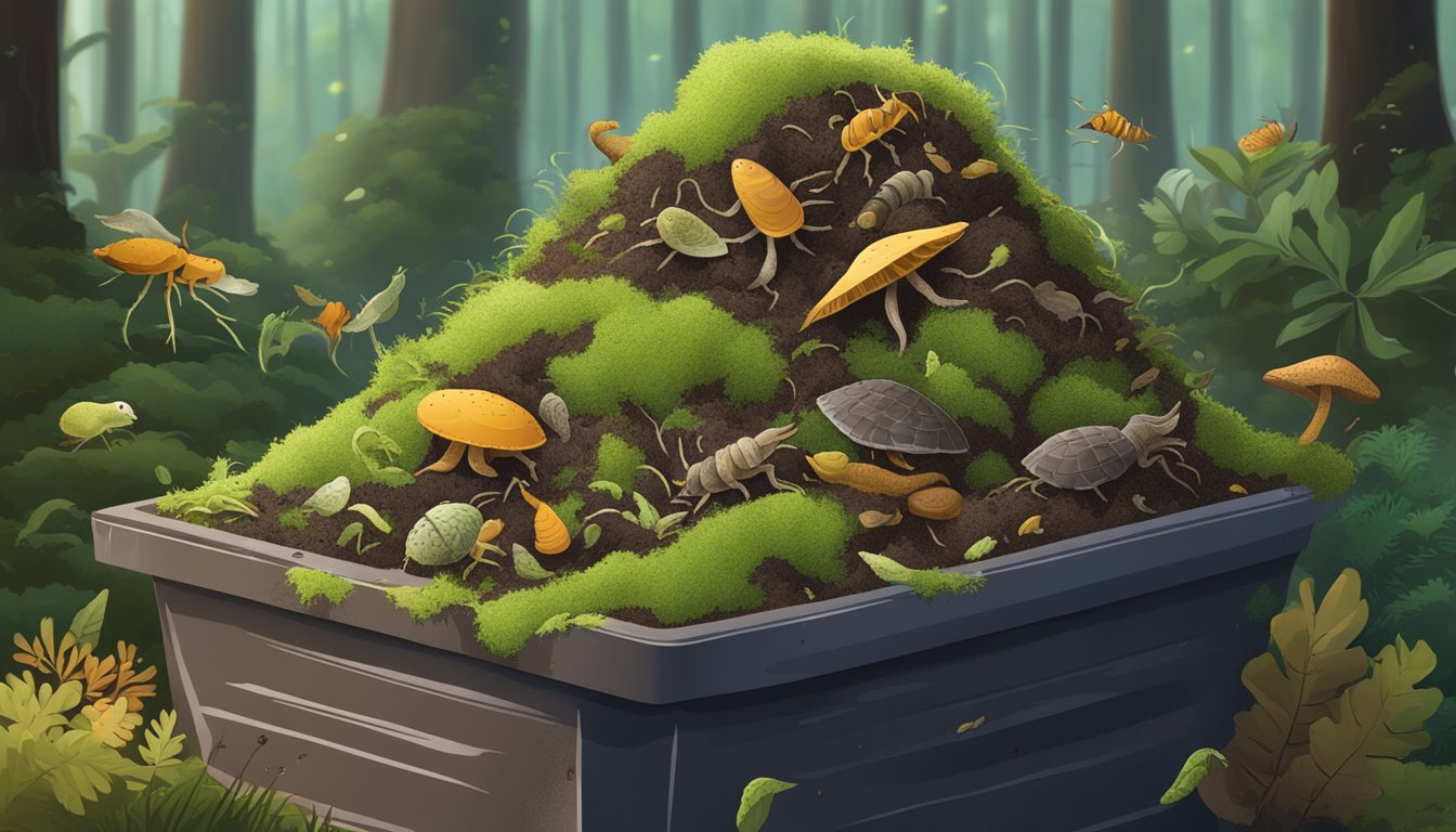 A pile of moss-covered organic material decomposing in a compost bin, surrounded by earthworms and other decomposers