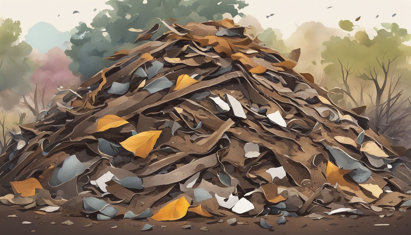 A pile of leather scraps sits on a compost heap, surrounded by decomposing organic matter. Some scraps show signs of breaking down, while others remain intact