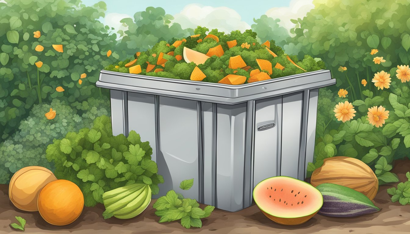 A compost bin filled with various organic waste, including melon rinds, surrounded by a lush garden