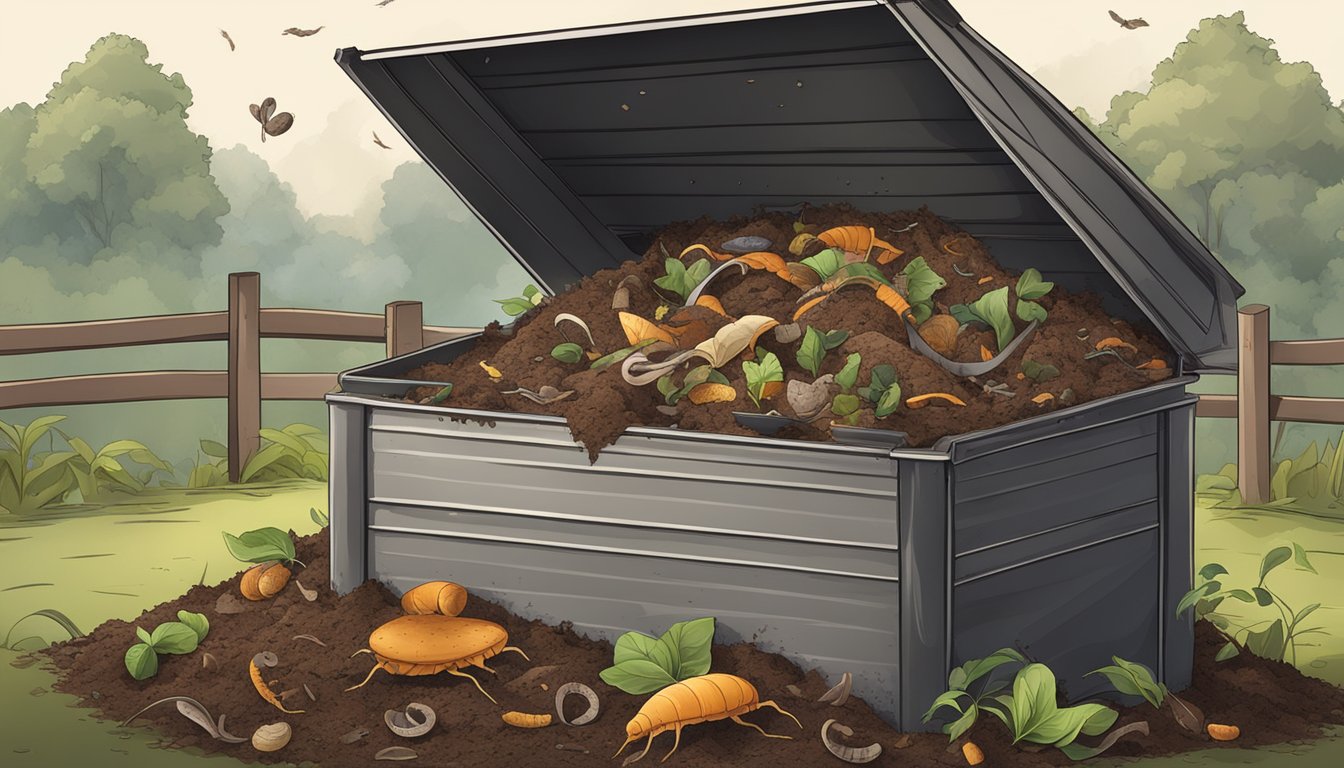 A compost bin filled with leather scraps surrounded by decomposing organic matter and earthworms