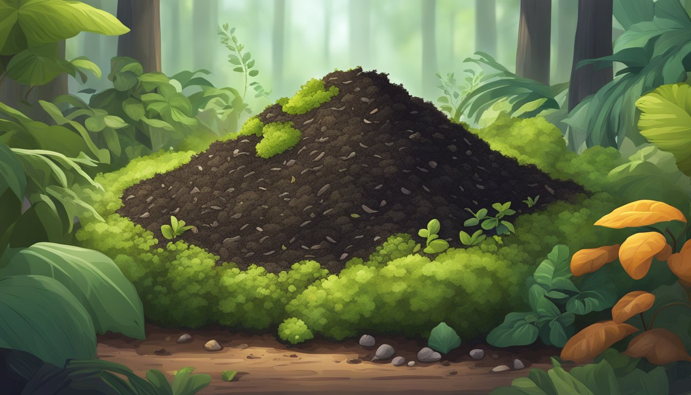 A pile of compost with moss growing on top, surrounded by healthy green plants