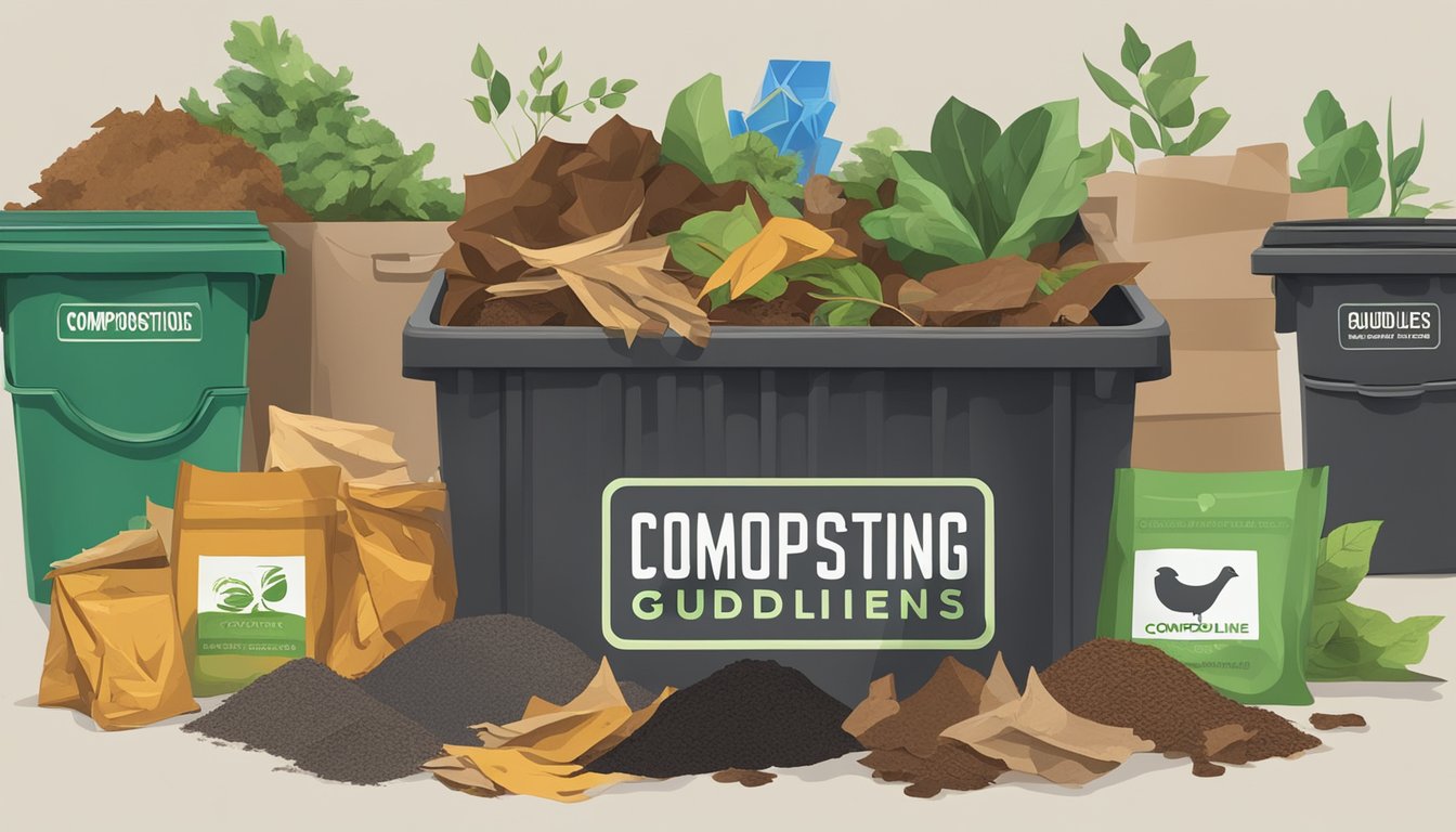 A pile of leather scraps and compostable materials arranged in a bin, with a sign displaying "Composting Guidelines for Leather" nearby