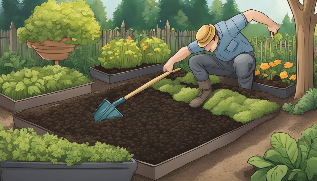 A gardener spreads moss compost over a garden bed, using a shovel to evenly distribute the dark, earthy material. The rich compost blends with the soil, creating a nourishing environment for plants to thrive