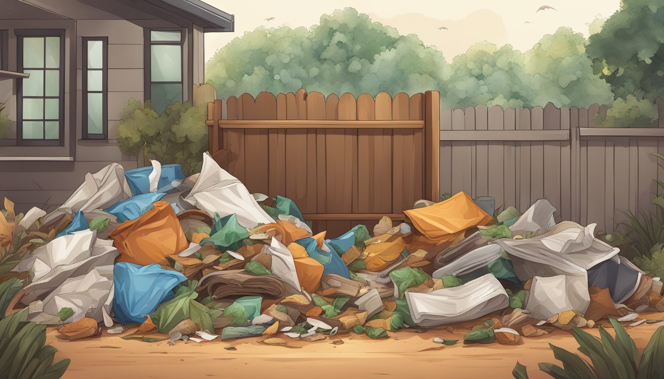 A pile of leather scraps sits next to a compost bin, surrounded by other biodegradable materials like food scraps and paper