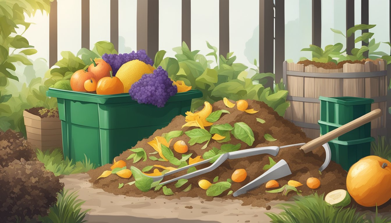 A pile of compostable materials including loofahs, fruit peels, and yard waste, surrounded by a compost bin and gardening tools